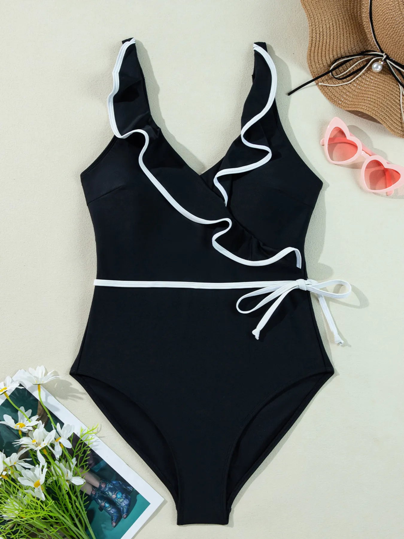 Ruffle Trim V-Neck One-Piece Swimsuit - Fashorio