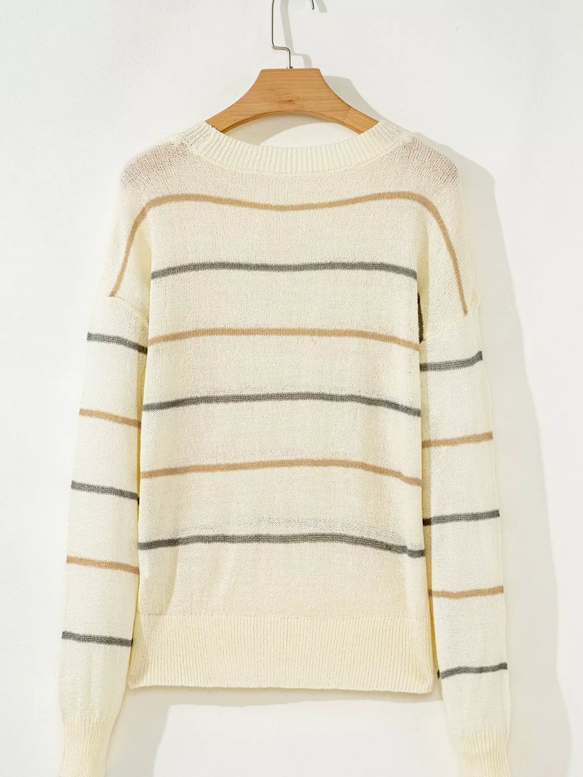Striped ribbed drop shoulder sweater, neckline detail