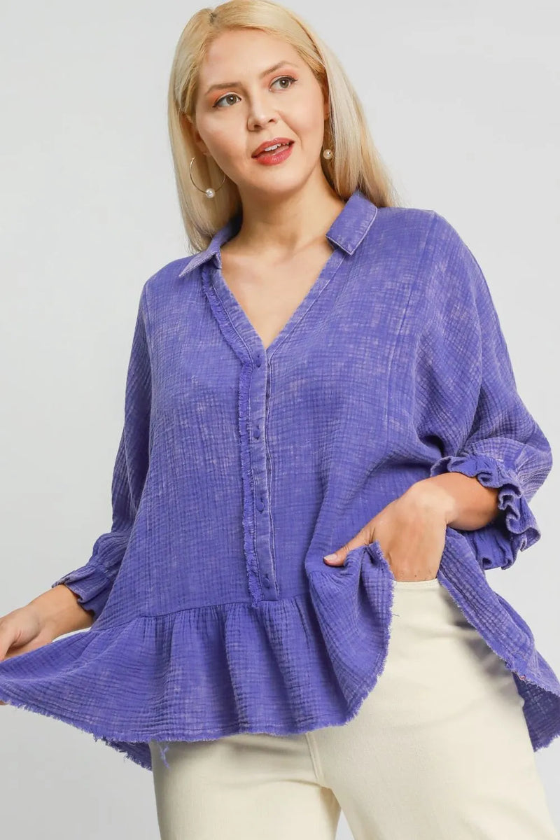 Electric purple mineral washed cotton gauze peplum top front view