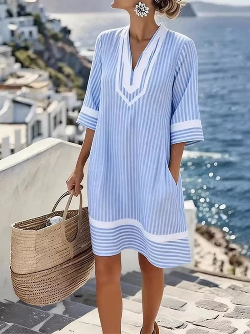 Plus size striped v neck casual dress front view