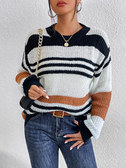 Striped Round Neck Sweater Caramel - Fashorio