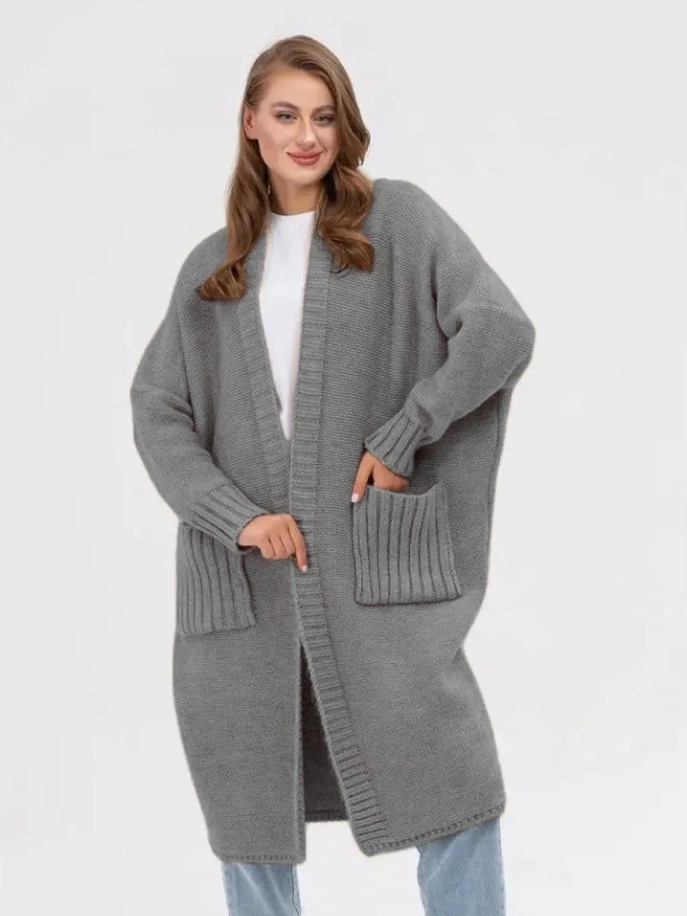 Pocketed Open Front Long Sleeve Longline Cardigan Gray One Size - Fashorio