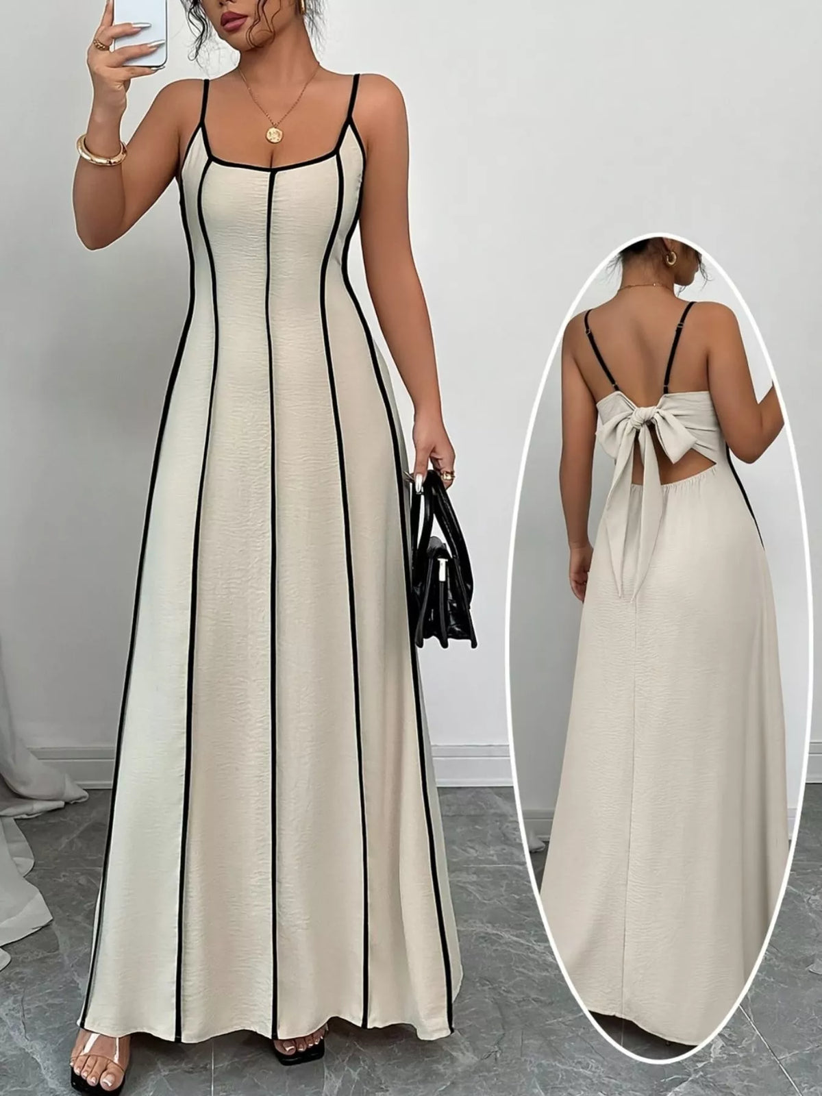Khaki spaghetti strap maxi dress contrast trim detail