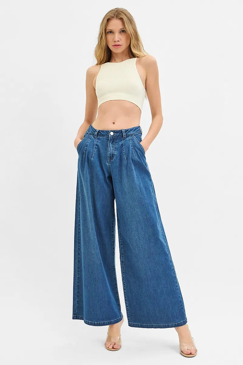 RISEN Mid Rise Fit Wide Leg Knit Denim Look Jeans - Fashorio