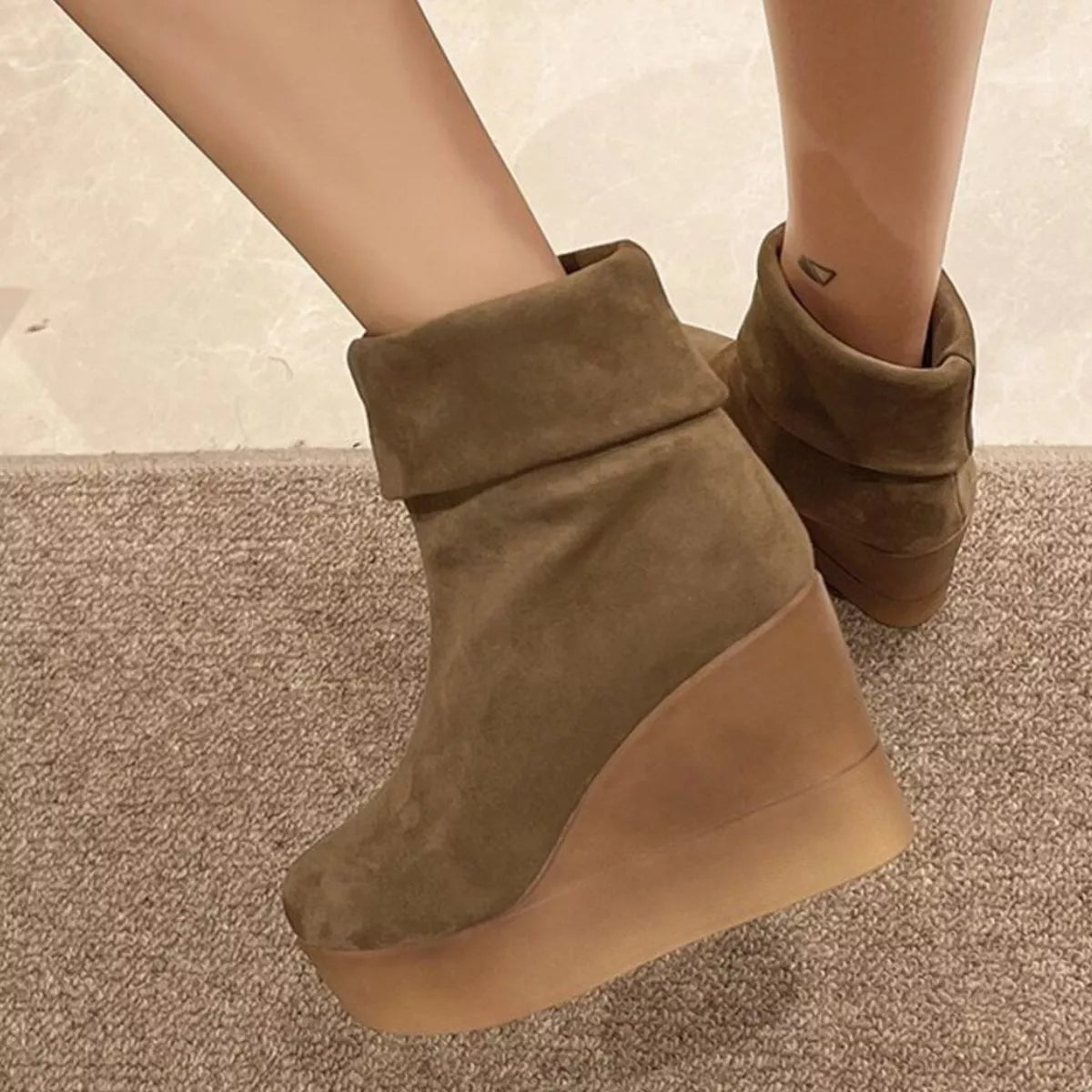 Round Toe Wedge Boots toe close up