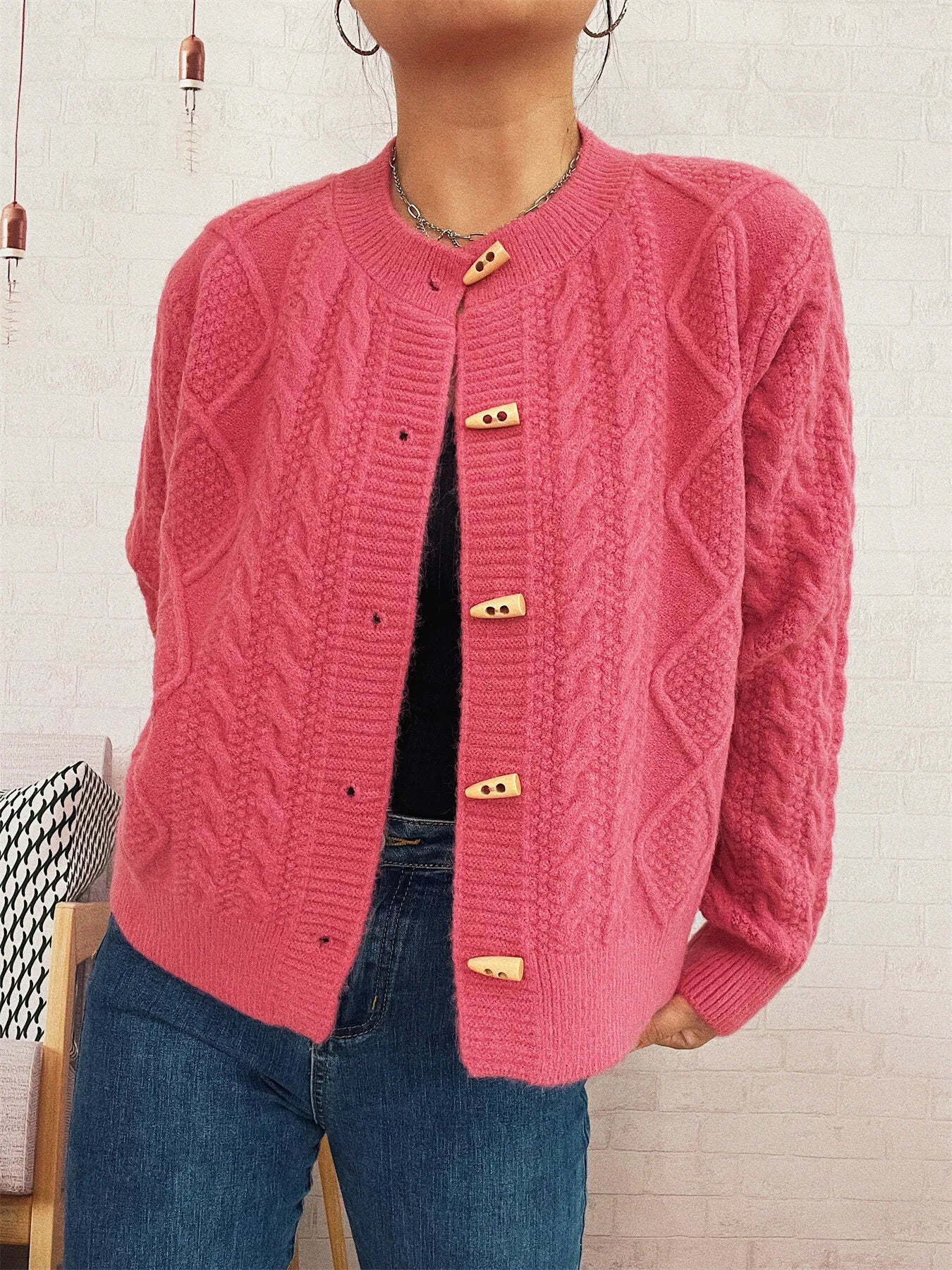 Cable Knit Button-Up Cardigan Rose Gold One Size - Fashorio
