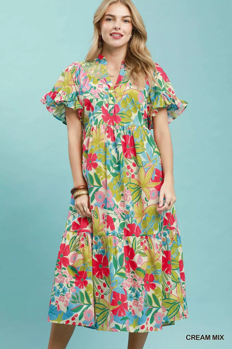 Cream tropical floral tiered midi dress with ruffle sleeves front view