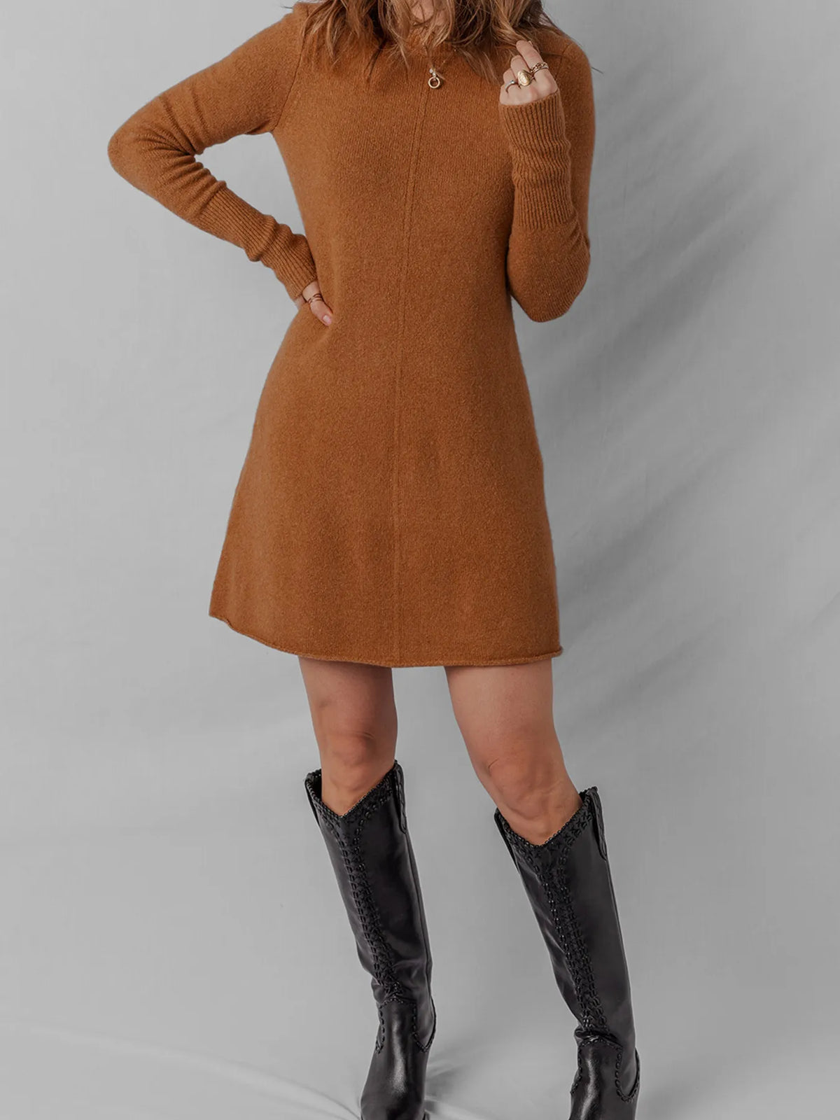 Caramel ribbed sweater dress back view