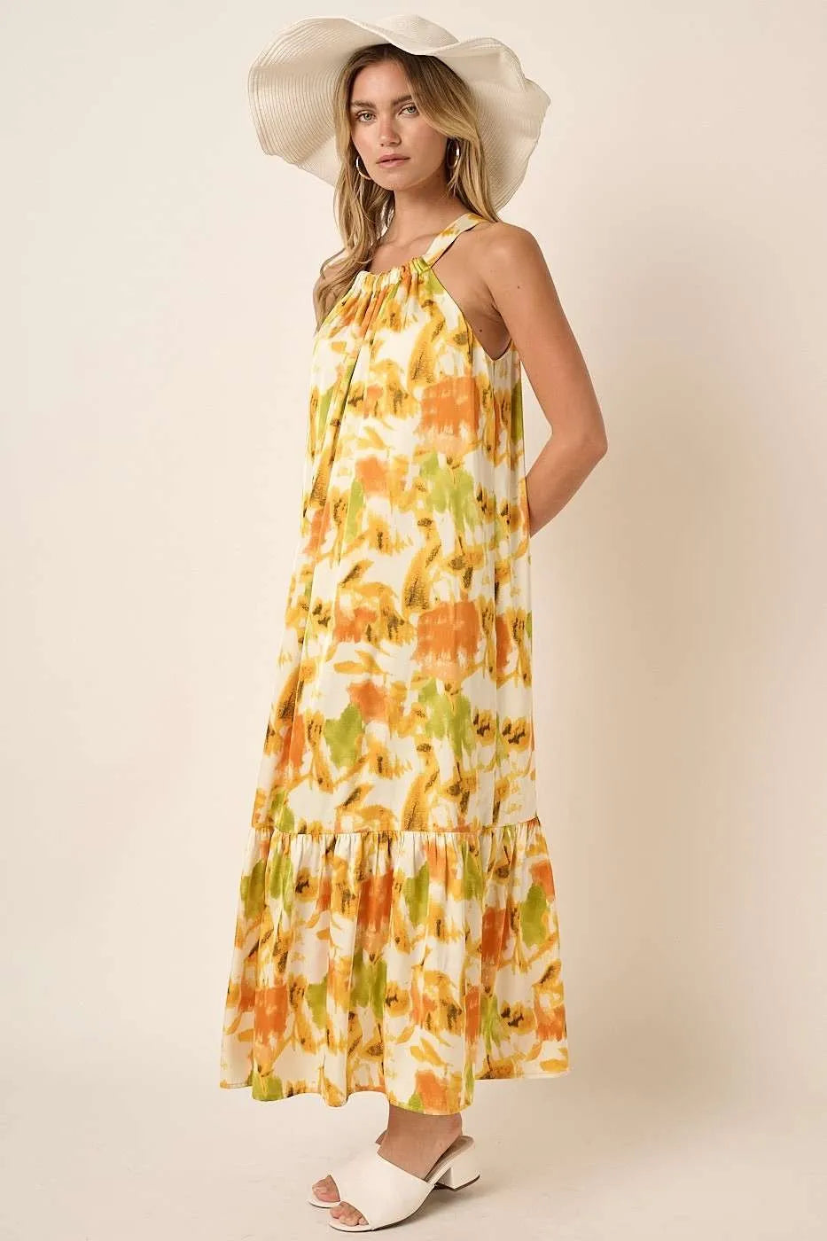 Watercolor halter satin maxi dress full length view