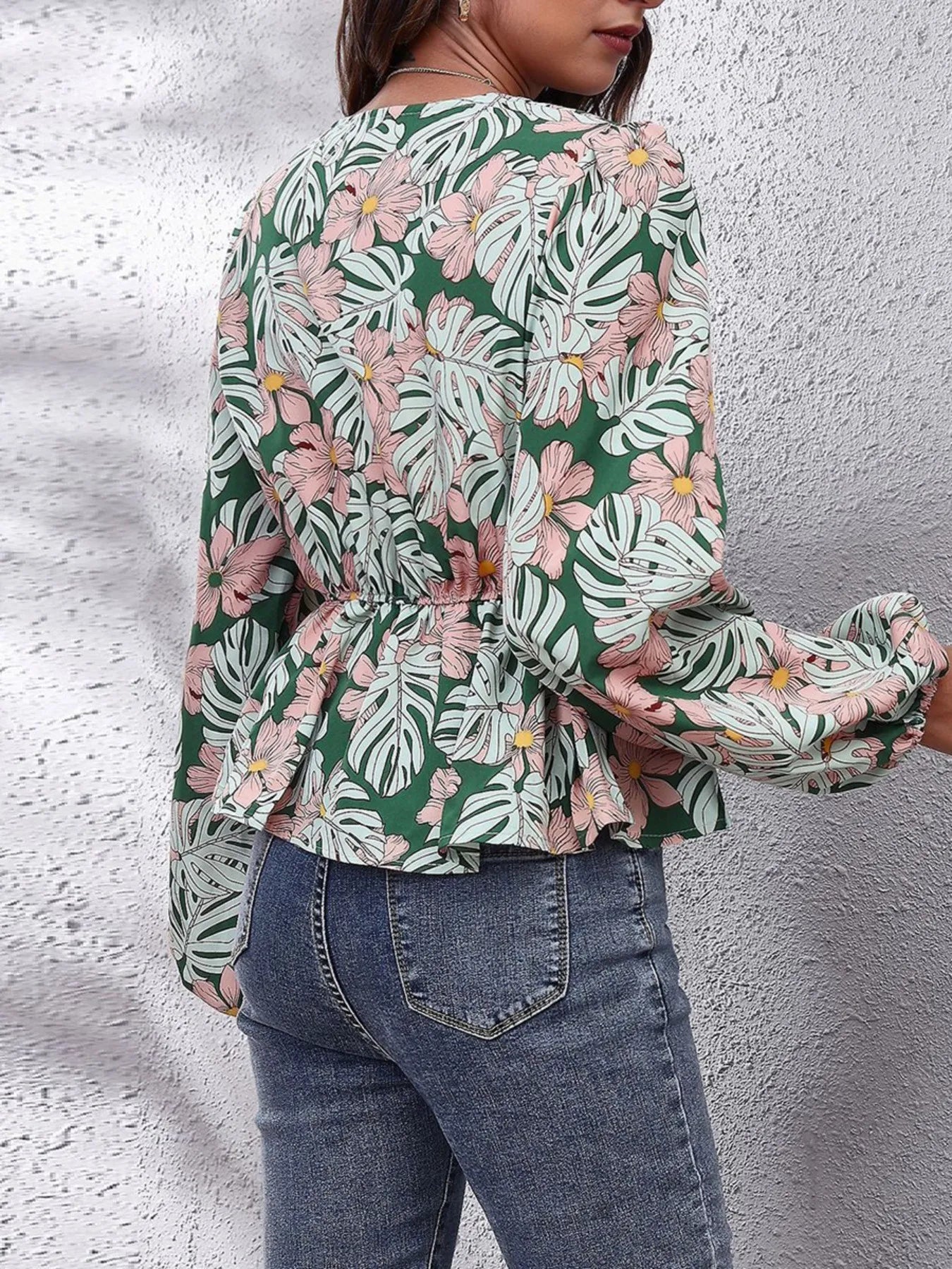 Floral V-Neck Balloon Sleeve Blouse - Fashorio
