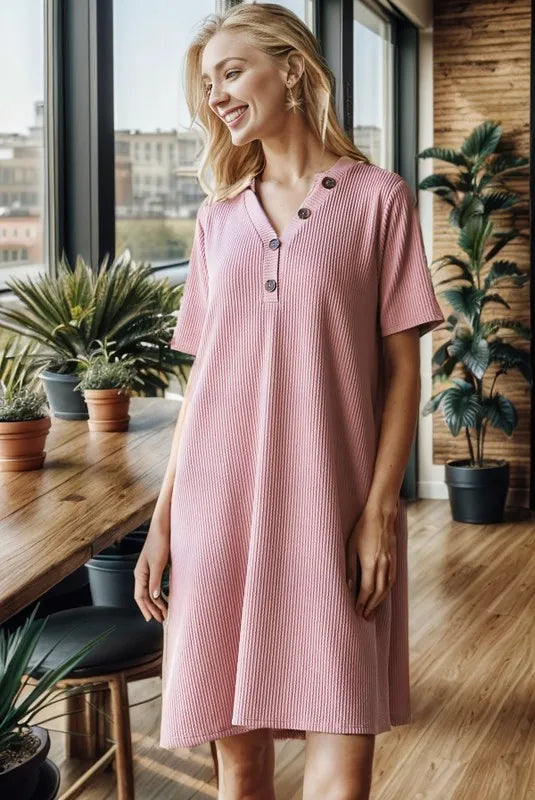 Solid Ribbed Mini Dress with Button