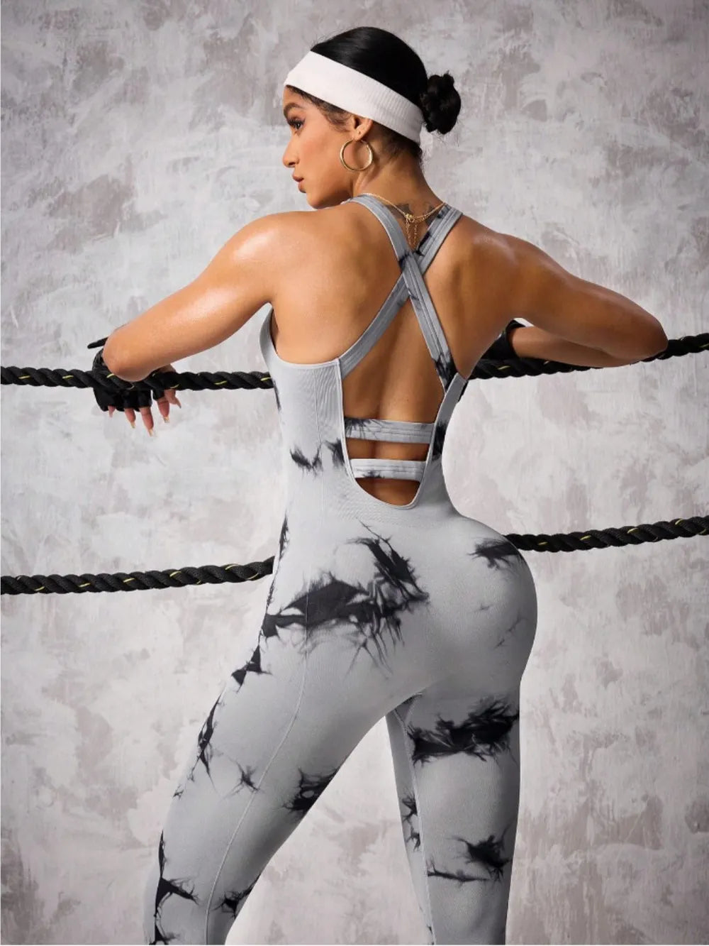Back Crisscross Tie-Dye Scoop Neck Active Jumpsuit - Fashorio
