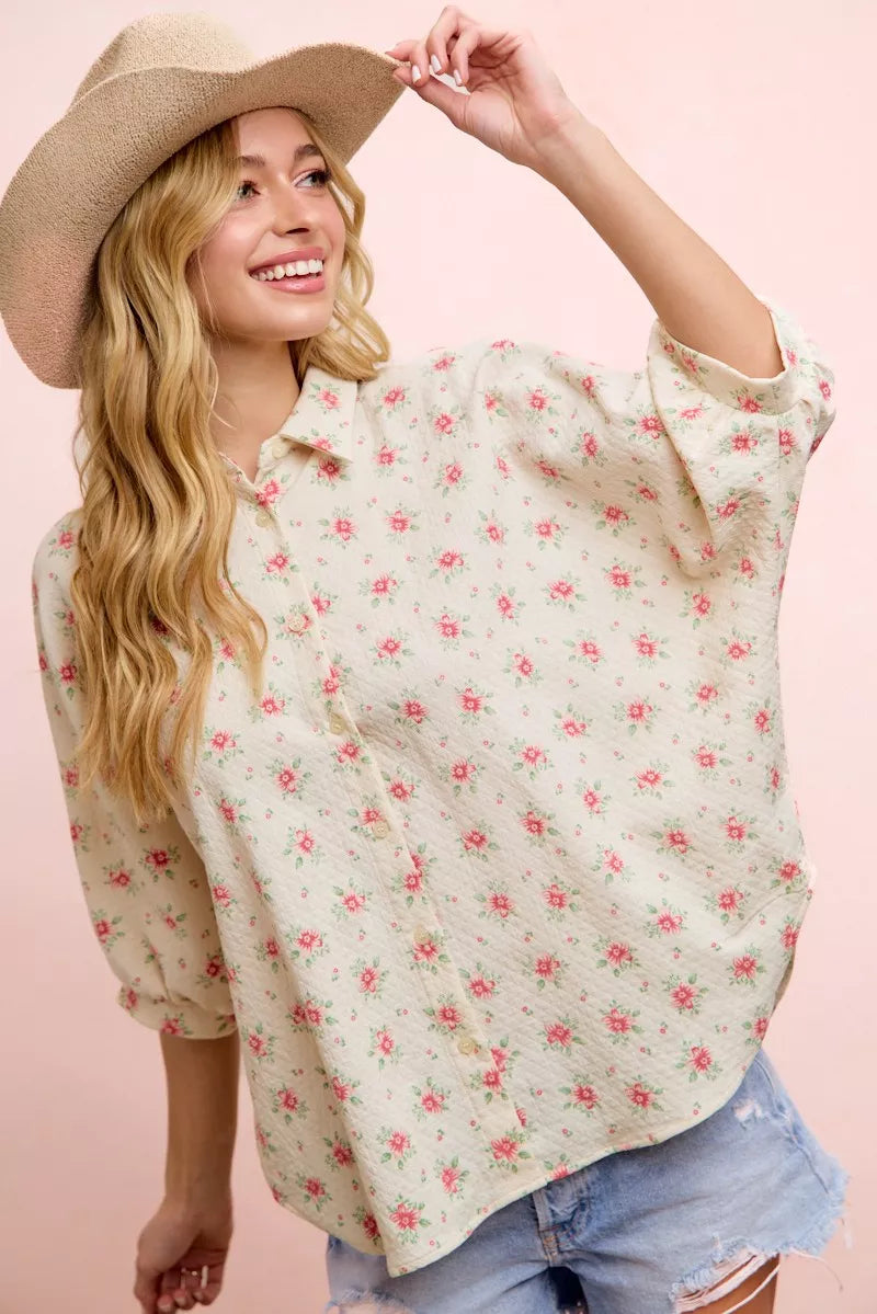 BiBi red floral dolman sleeve blouse, front view