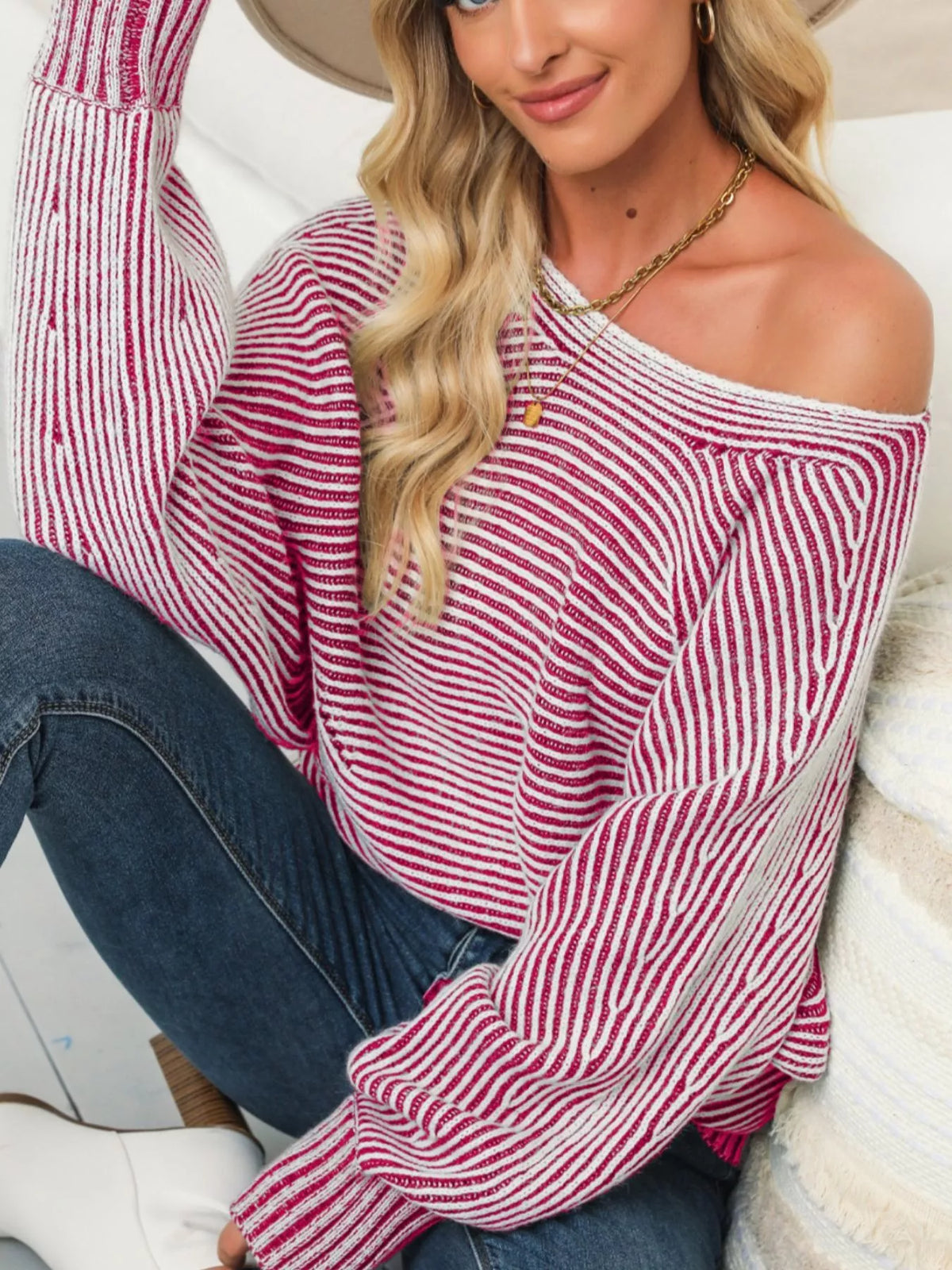 pink striped boat neck knit sweater fabric detail