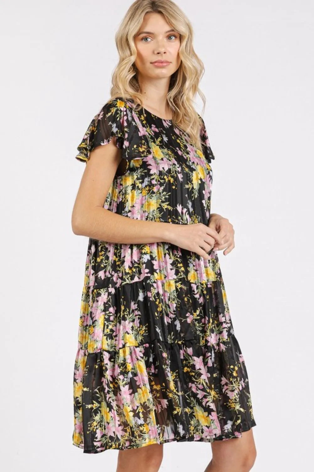 Flower Print Round Neck Flutter Sleeve Tiered Dress side view