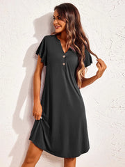 Notched Short Sleeve Lounge Dress Black - Fashorio