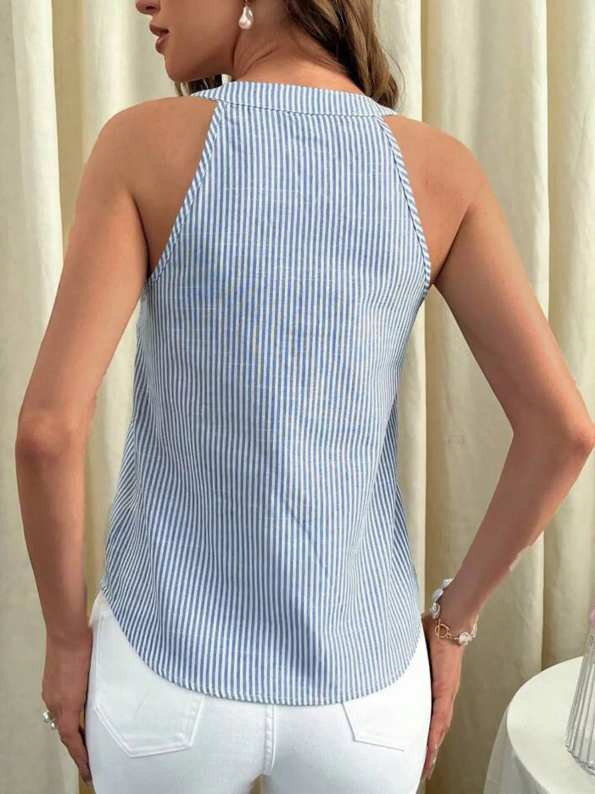 Blue striped button front tank top front view