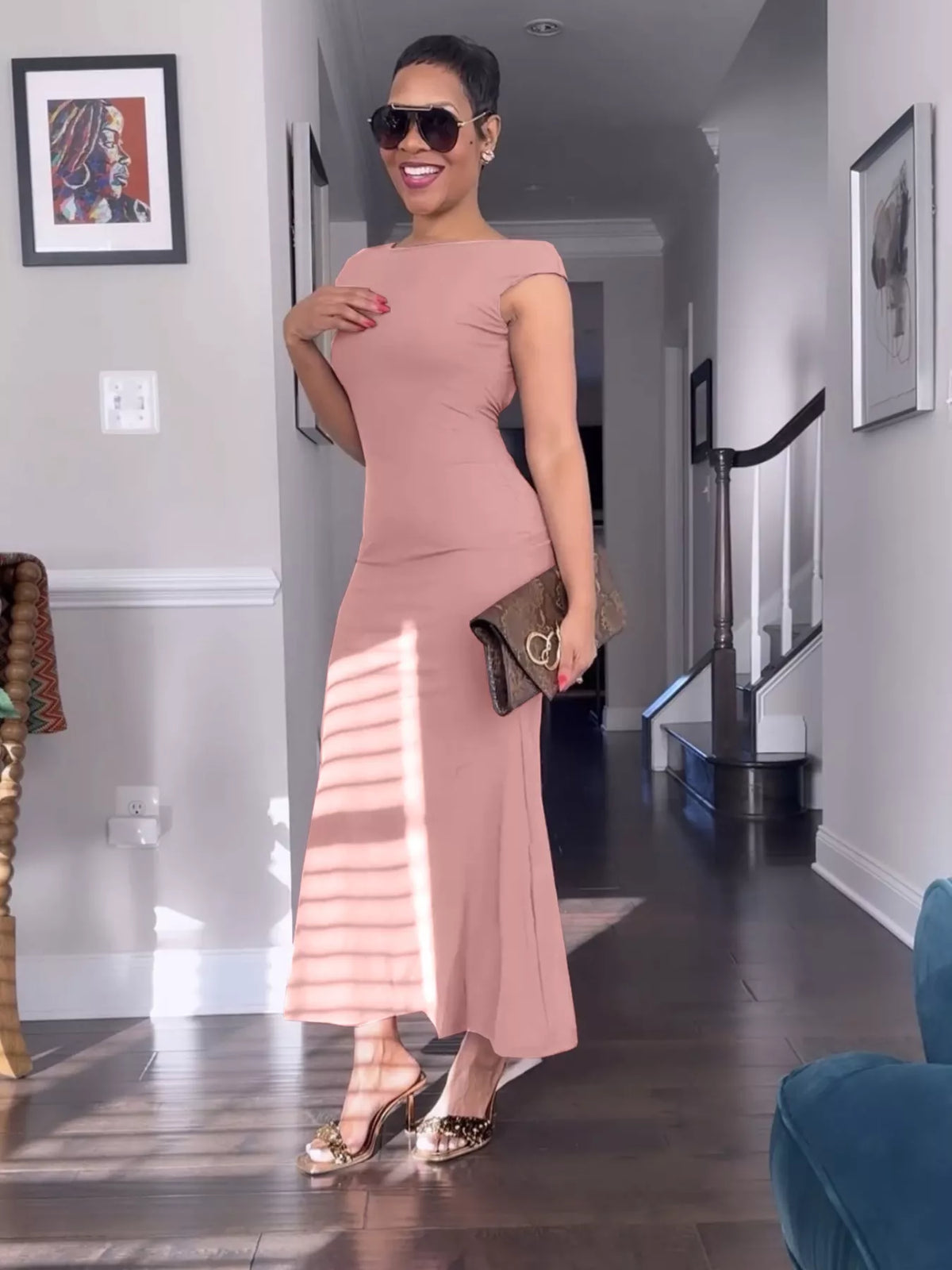 Backless detail of the Eudora cap sleeve maxi dress