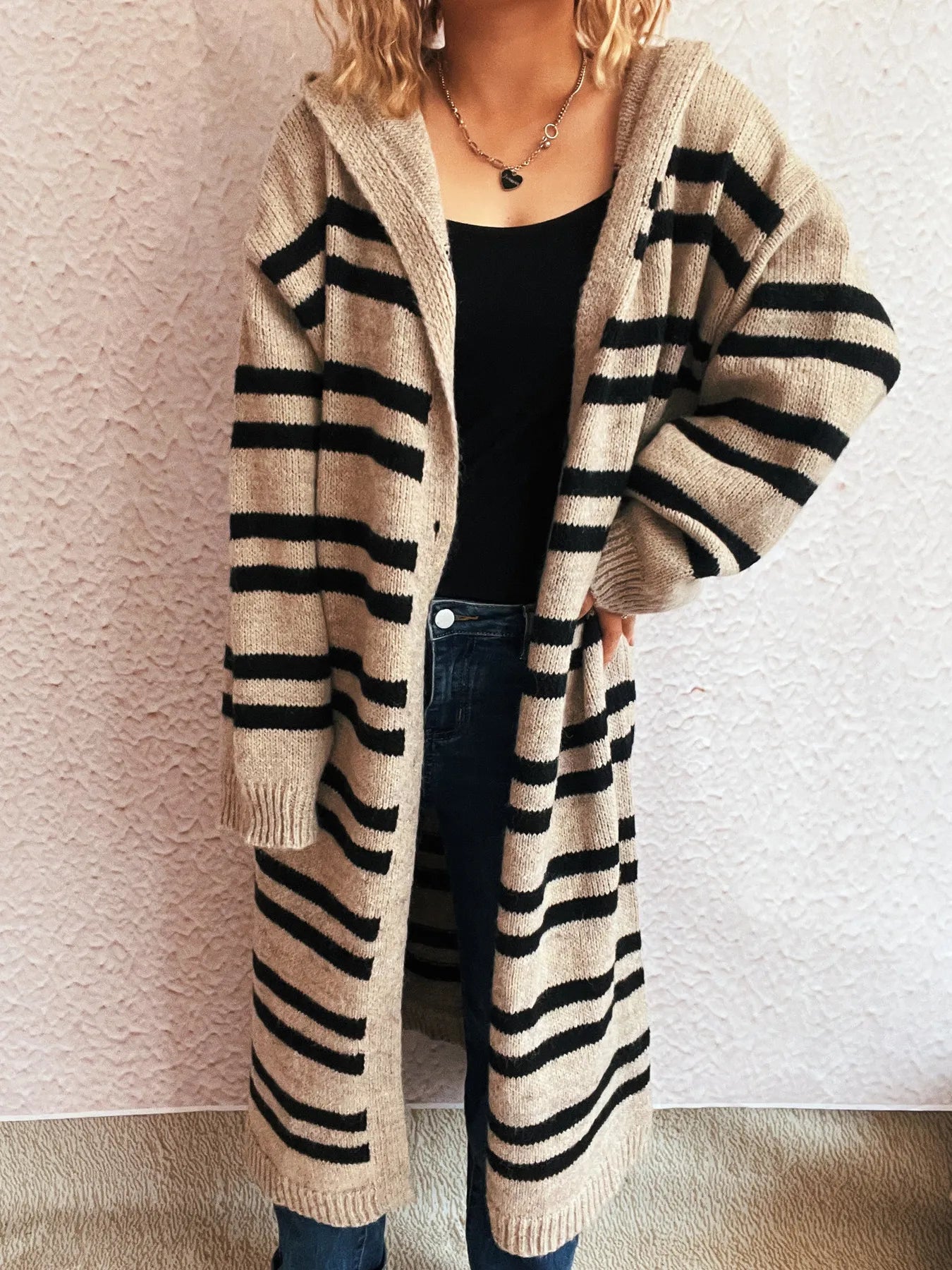 Striped Open Front Hooded Cardigan - Fashorio