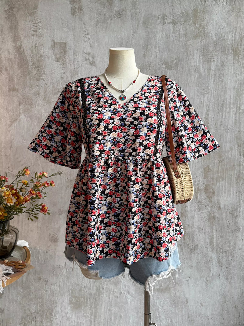 Floral V neck short sleeve blouse front view