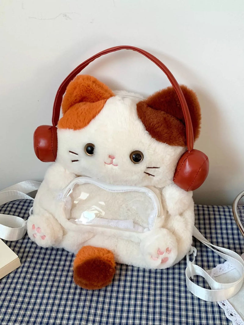 Cat plush velvet mini backpack front view