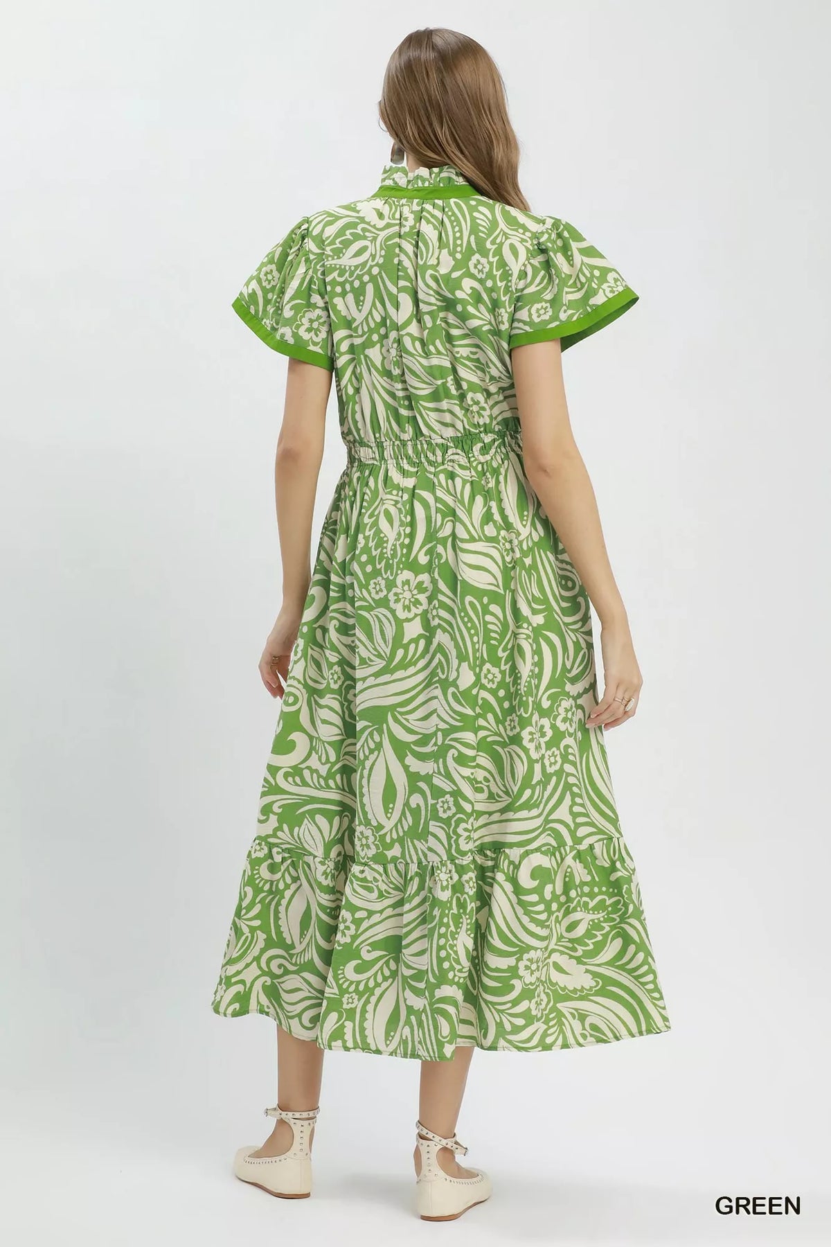 Green paisley print midi dress side view with pocket