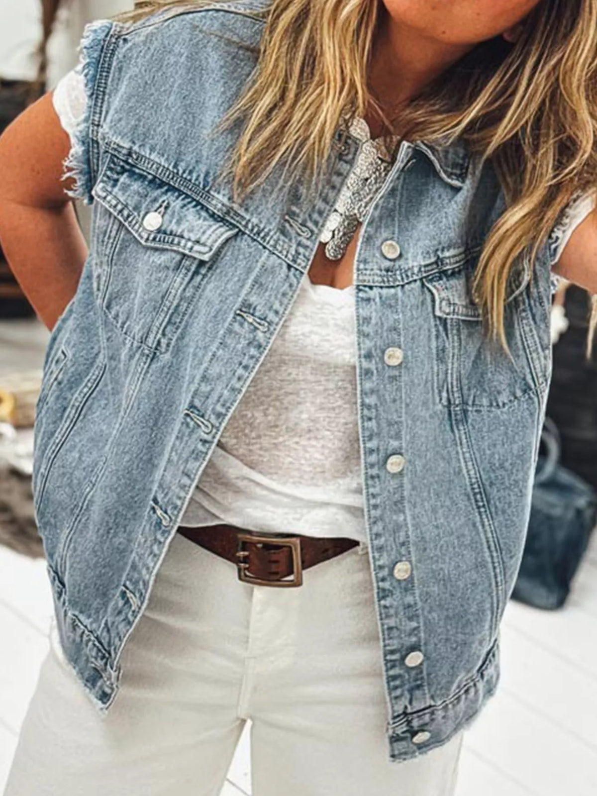 Flap Pocket Frayed Denim Vest in Medium Wash side view