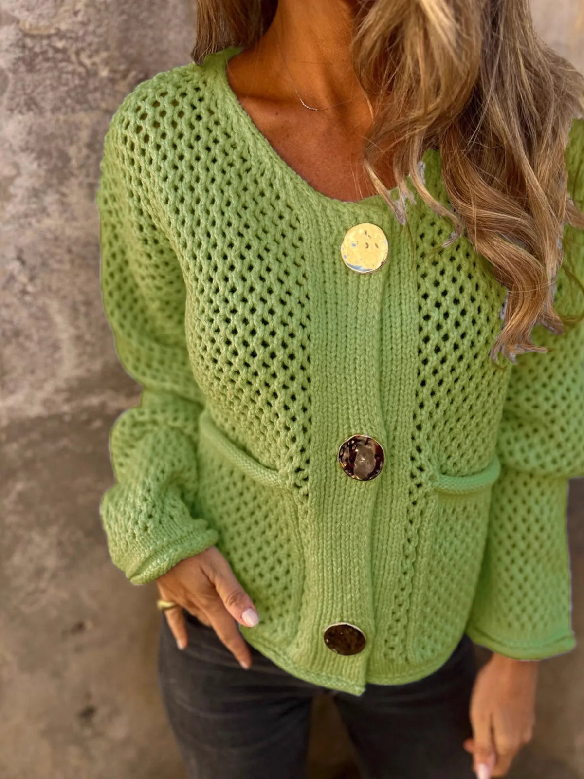 crochet button up cardigan fabric and knit detail