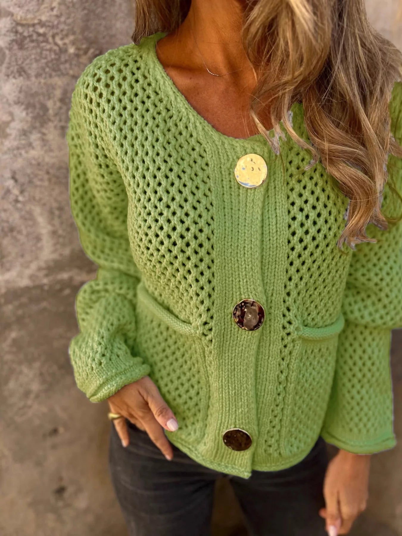 Crochet Button Up Long Sleeve Cardigan Green - Fashorio