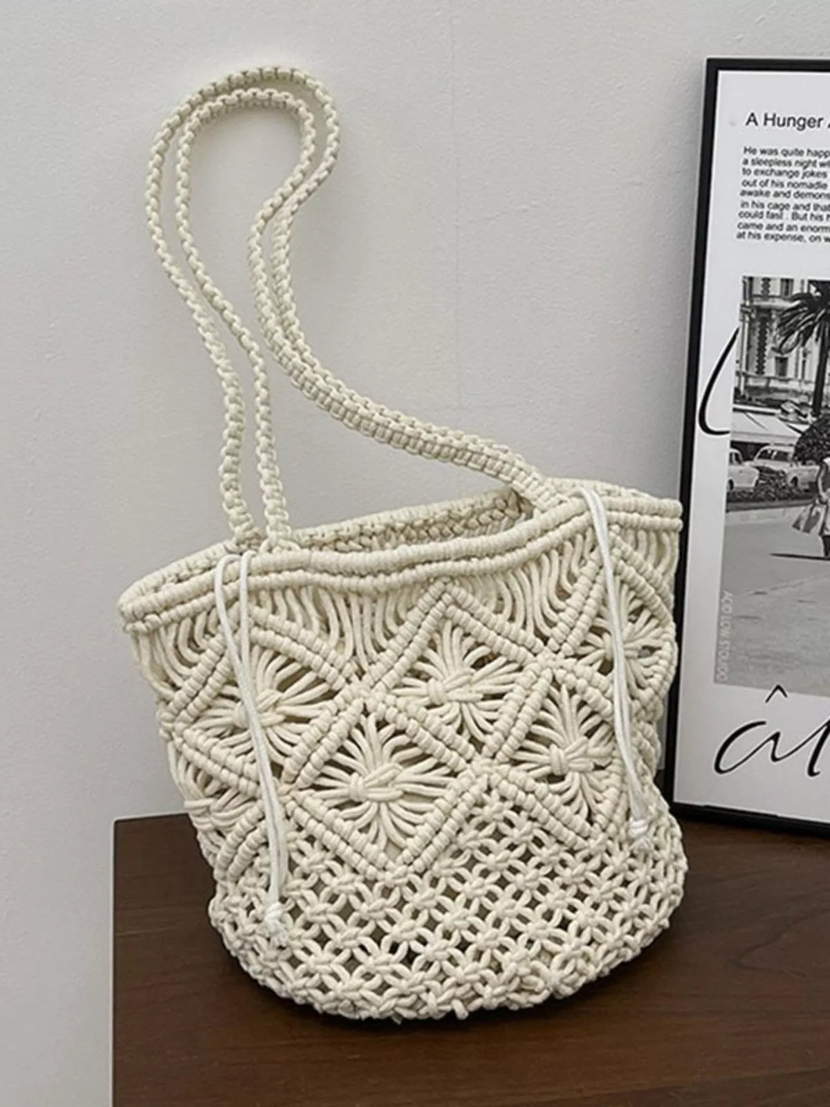 Off white crochet bucket bag front view