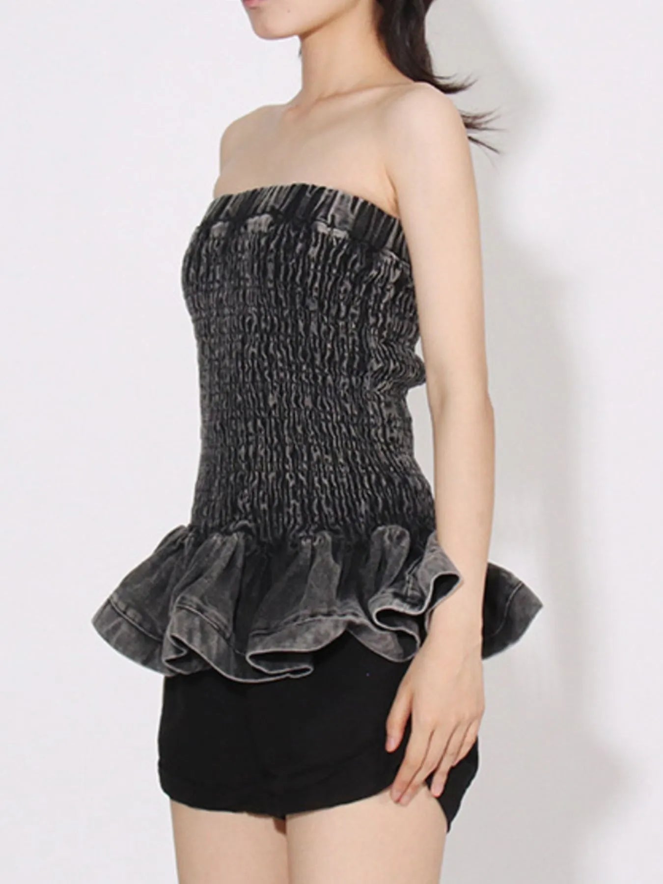 Smocked Ruffled Hem Denim Tube Top - Fashorio