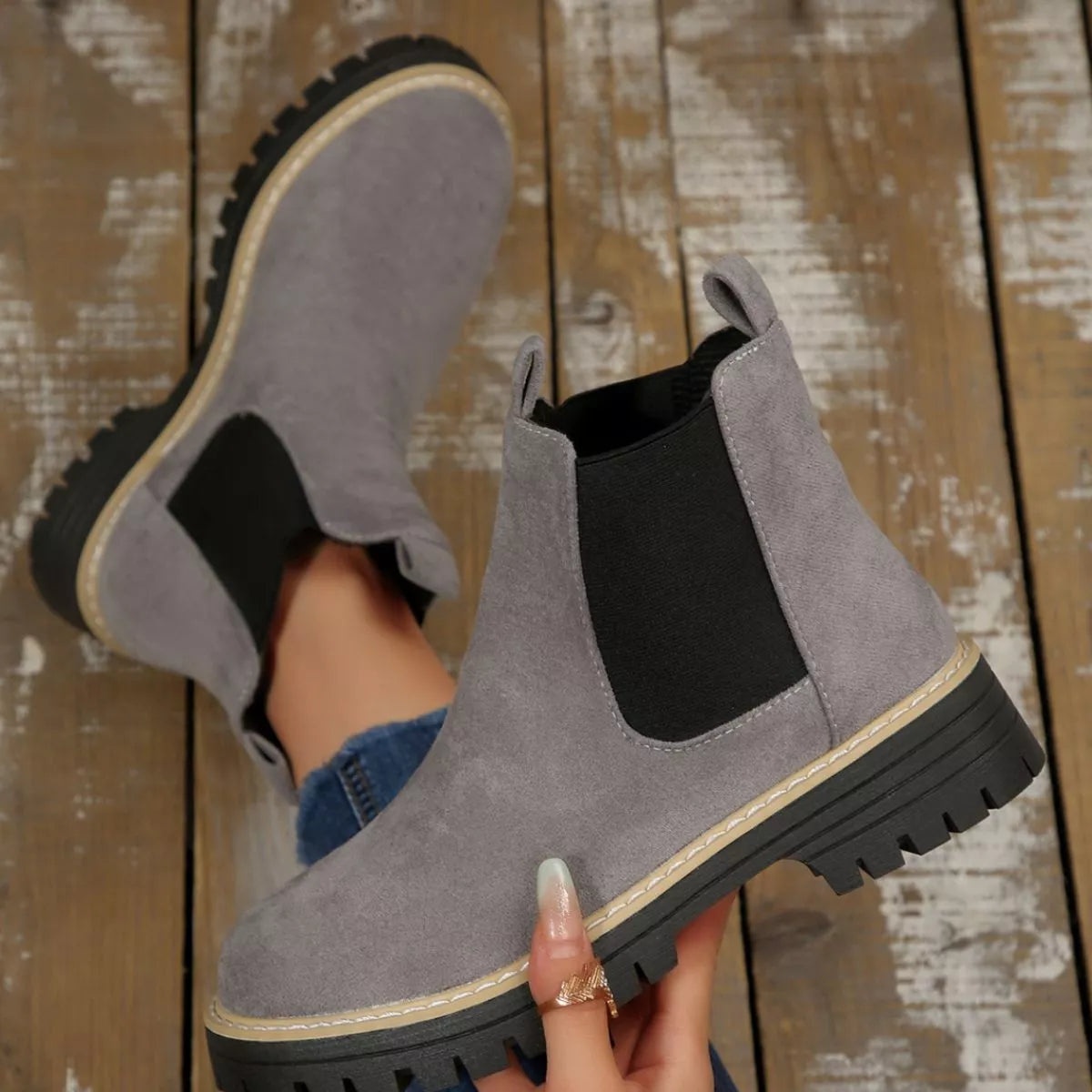 Round Toe Block Heel Boots in gray