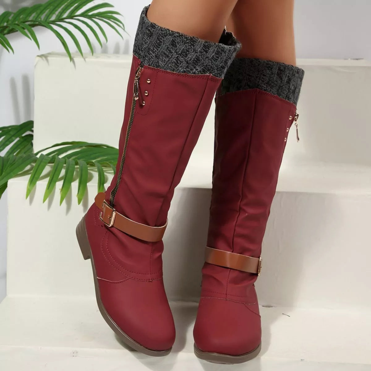 Purple round toe block heels boots angled three quarter view