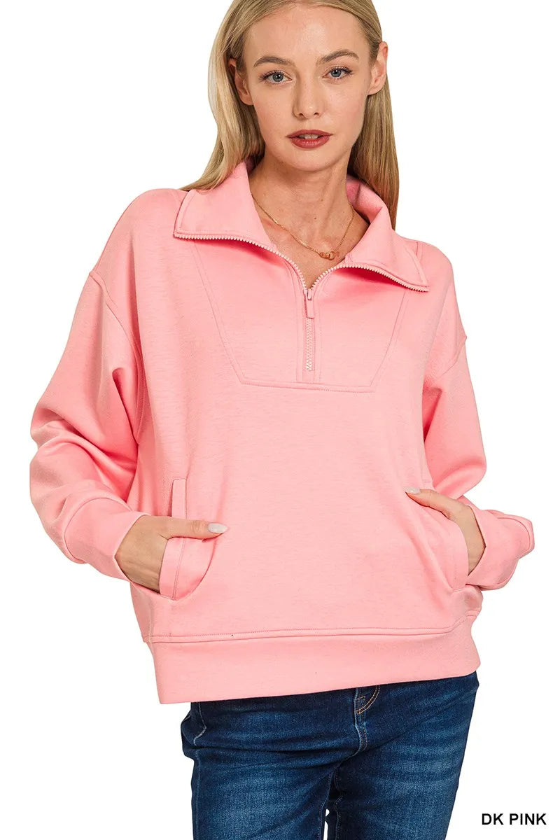 Zenana Scuba Half Zip Sweatshirt with Pockets - Fashorio