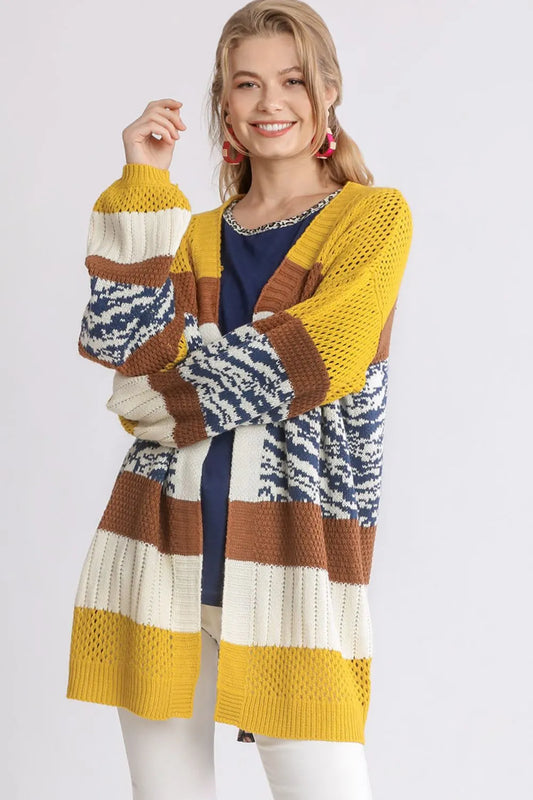 Umgee Full Size Color Block Open Front Longline Cardigan Plus Size GOLD BROWN - Fashorio