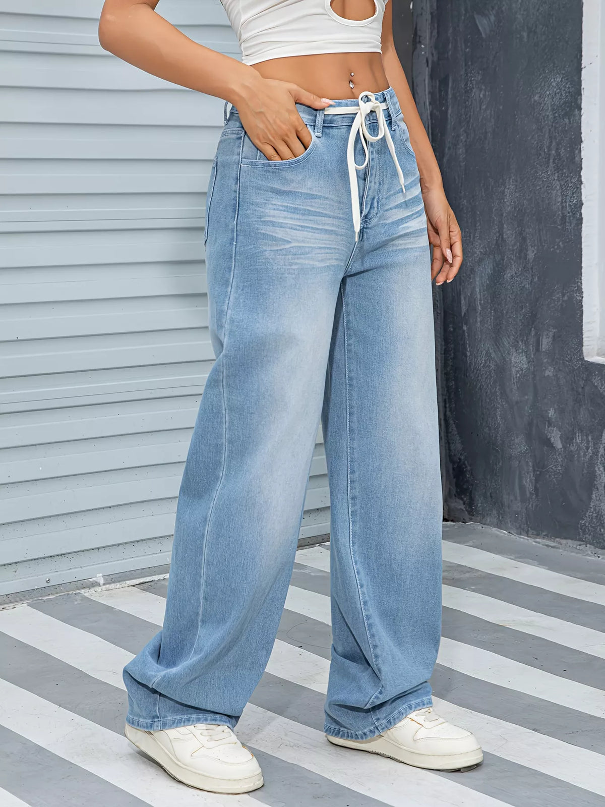 Womens sky blue wide leg denim back view
