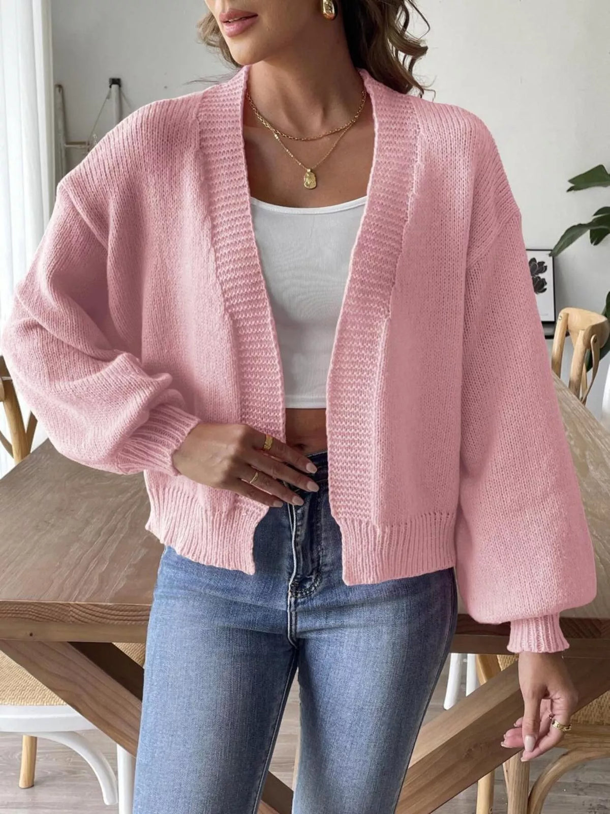 open front dropped shoulder cardigan back view