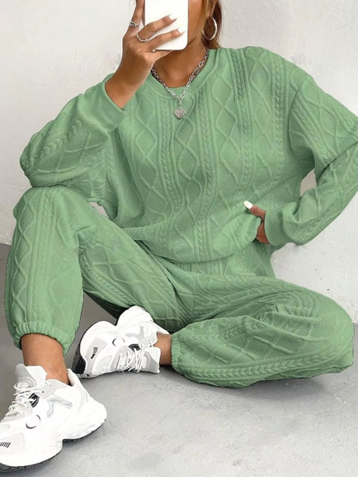 Texture Round Neck Top and Pants Set, view 9