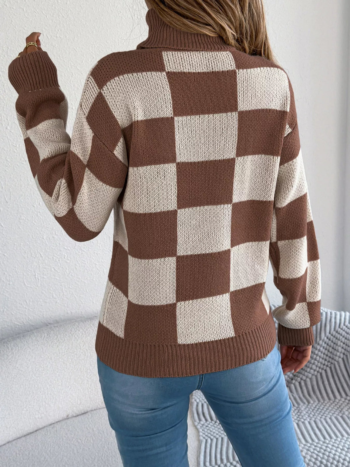 Checkered Turtleneck Long Sleeve Sweater view 12