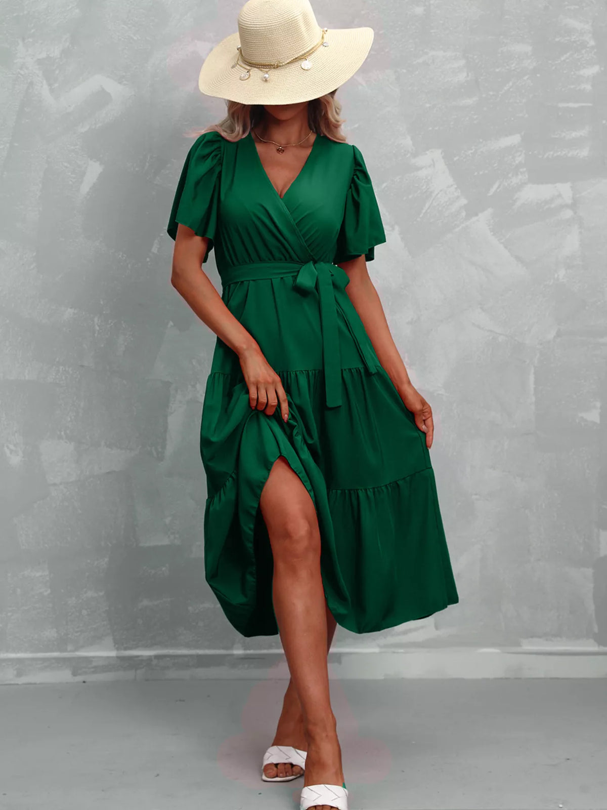 Flutter sleeve tiered midi dress full length view