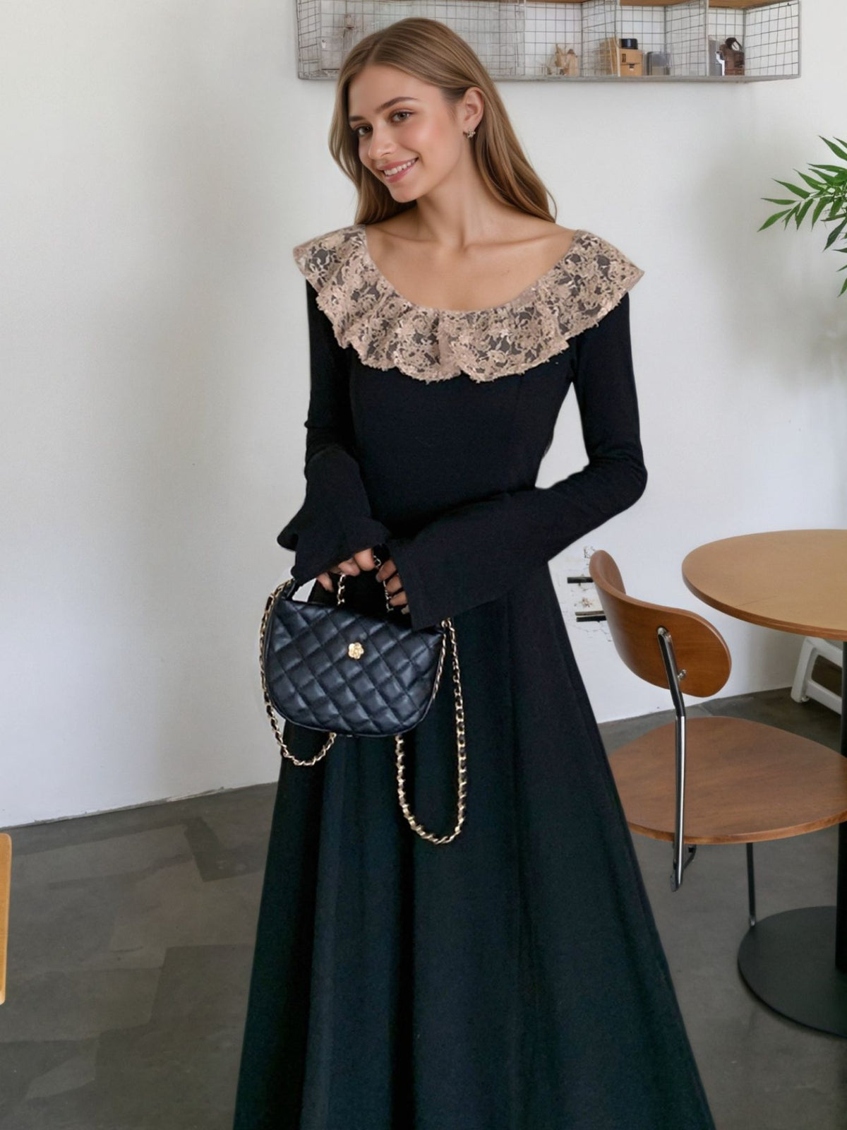 lace collar long sleeve dress styled full length look