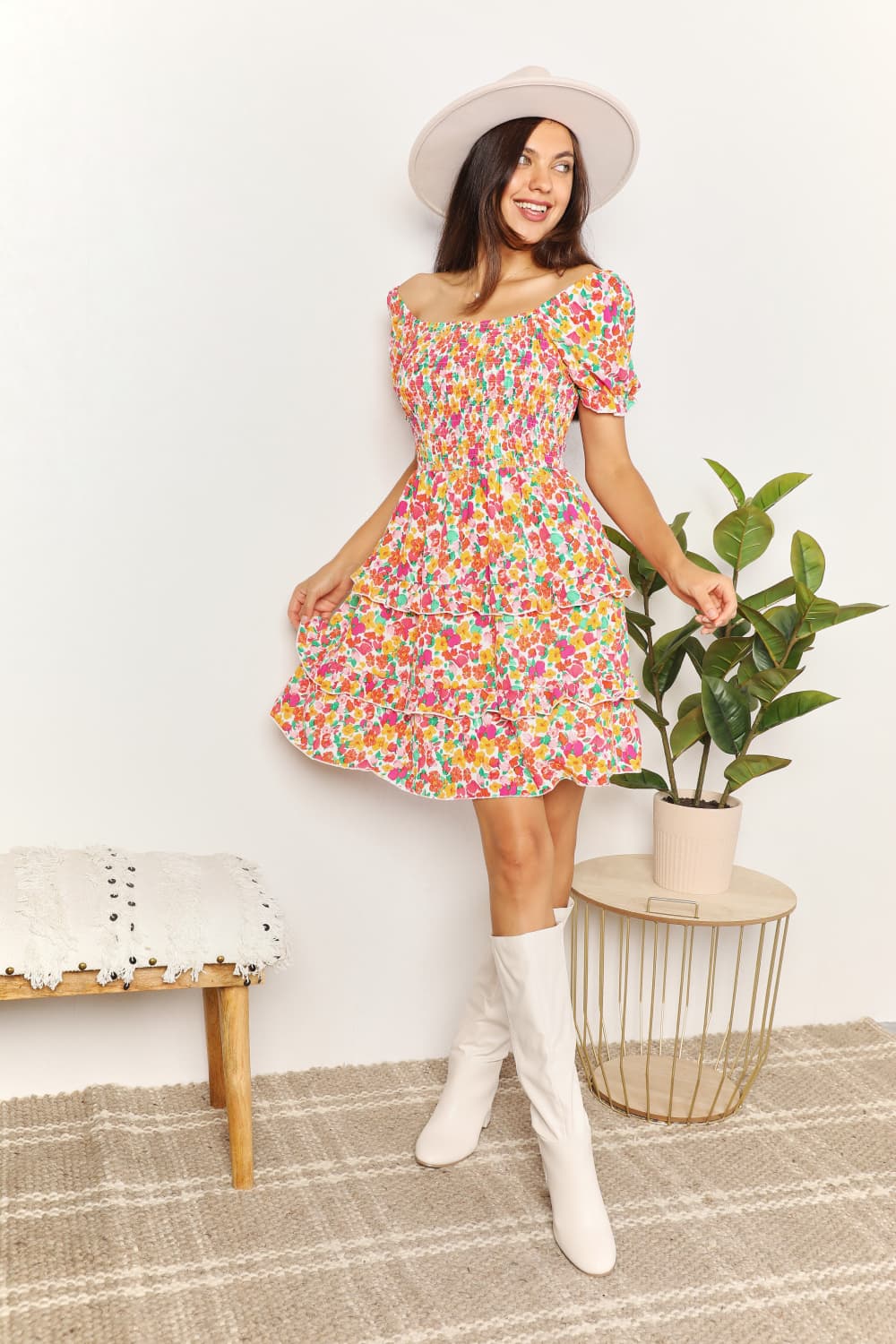 Devine Smocked Sweetheart Neck Flounce Sleeve Mini Dress styled look