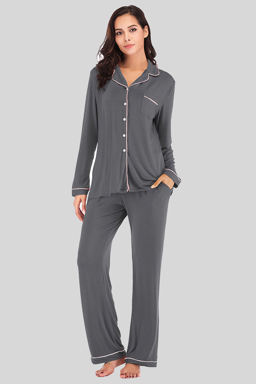 Collared Neck Long Sleeve Loungewear Set with Pockets Charcoal - Fashorio