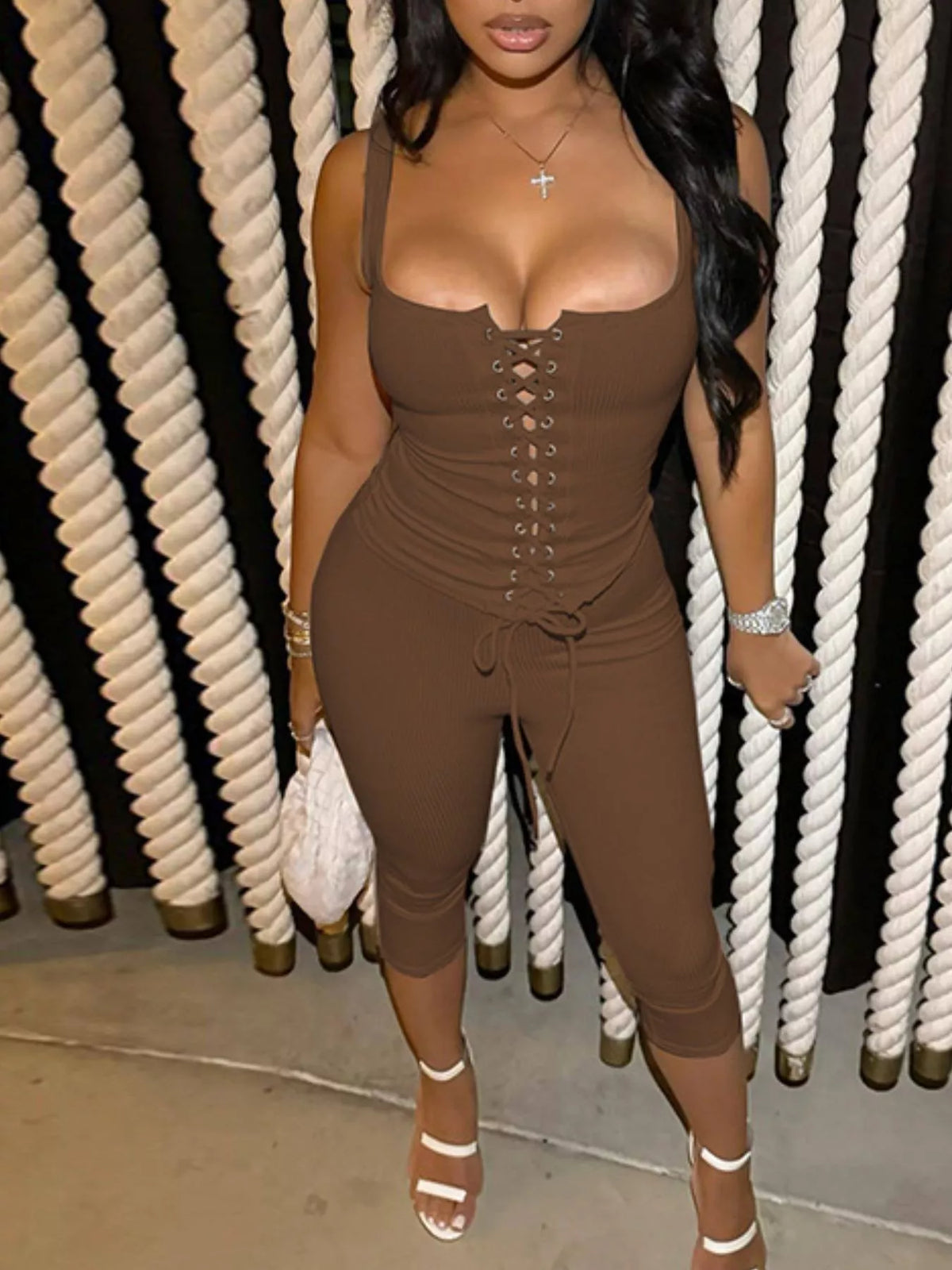 Lace Up Tank and Capri Set in Taupe and Scarlet, view 5