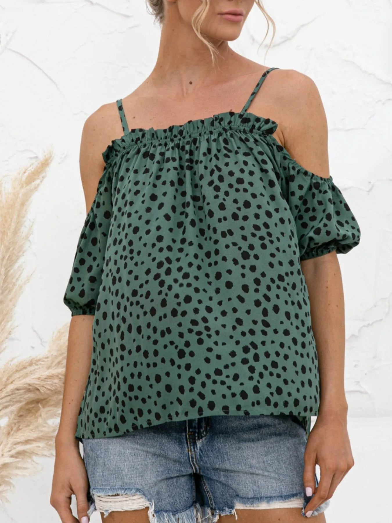 Puff Sleeve Polka Dot Ruffle Cami Top - Fashorio
