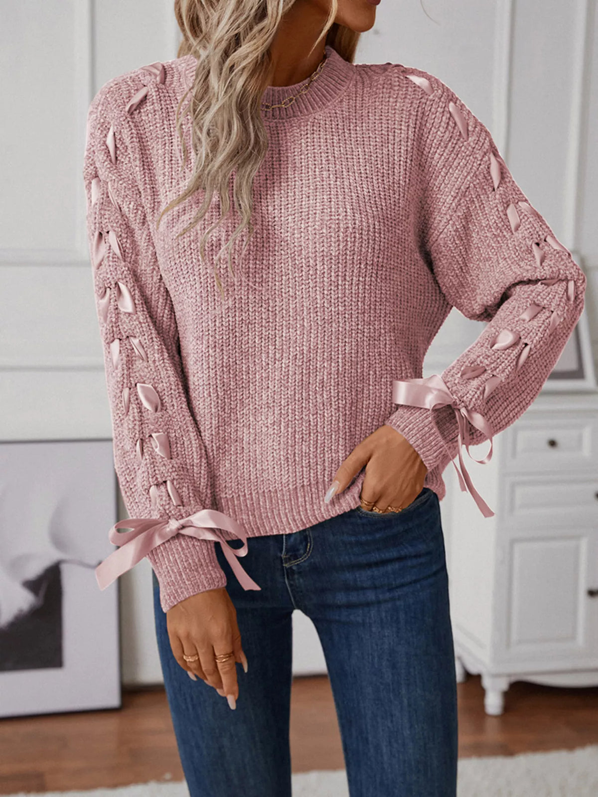 Ribbon tie sleeve round neck sweater, styled with denim