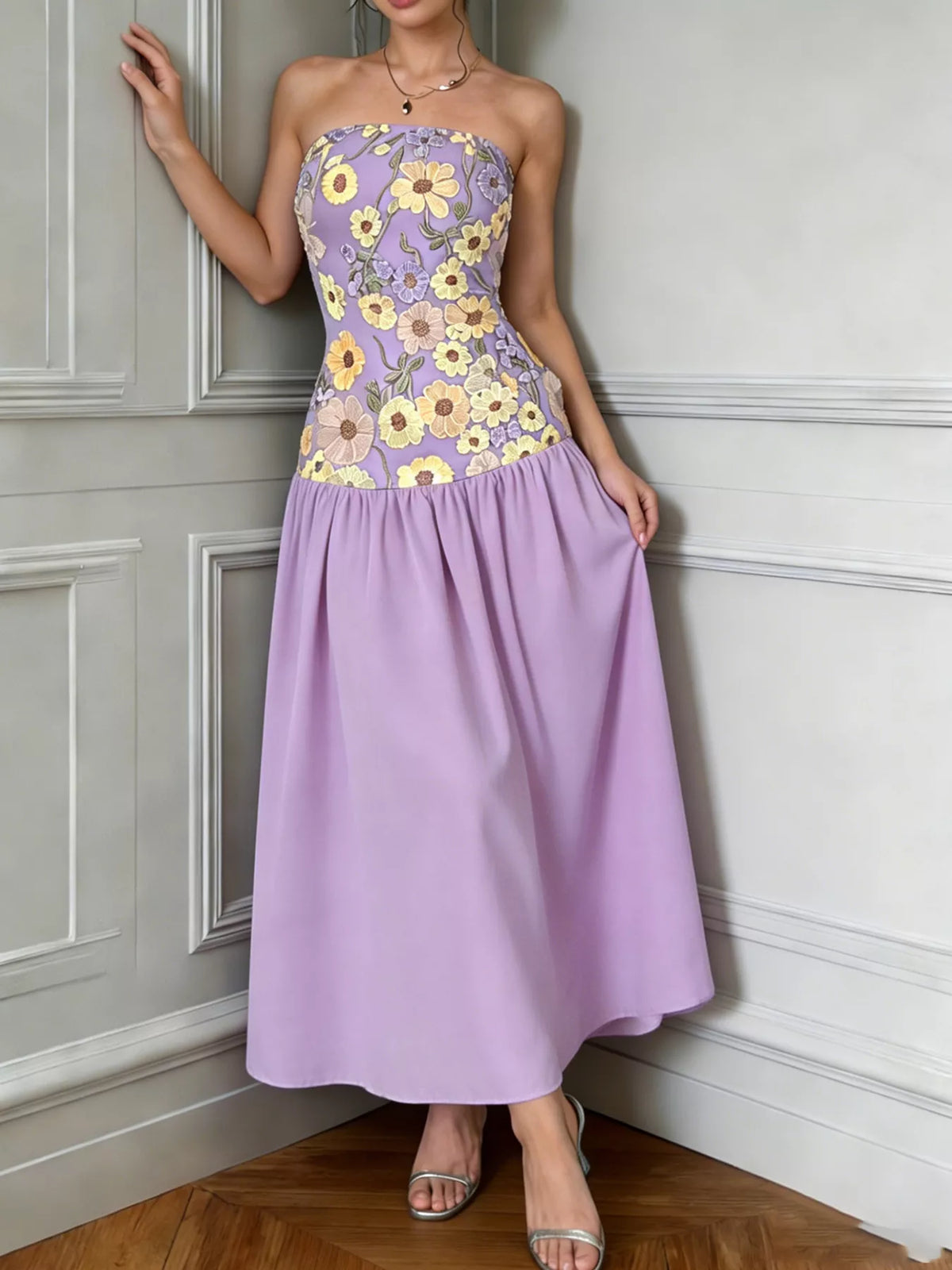 Floral embroidered strapless tube maxi dress three quarter view