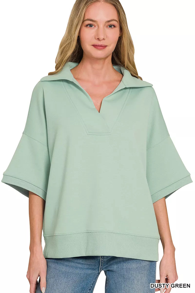Zenana dusty green scuba collared short sleeve top front view