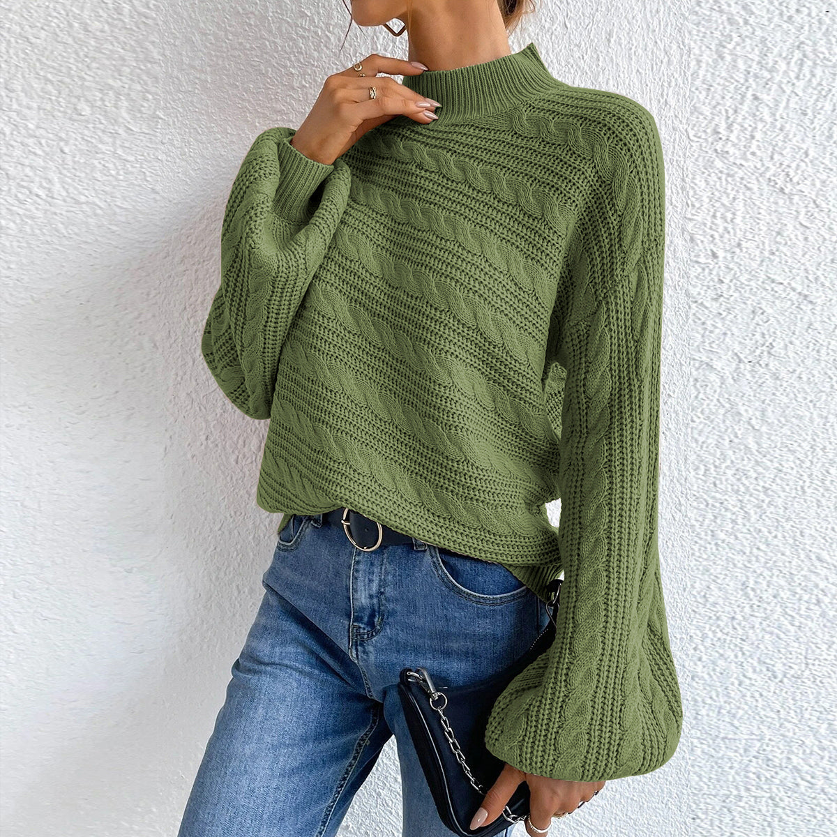 Cable-Knit Mock Neck Long Sleeve Sweater - Fashorio