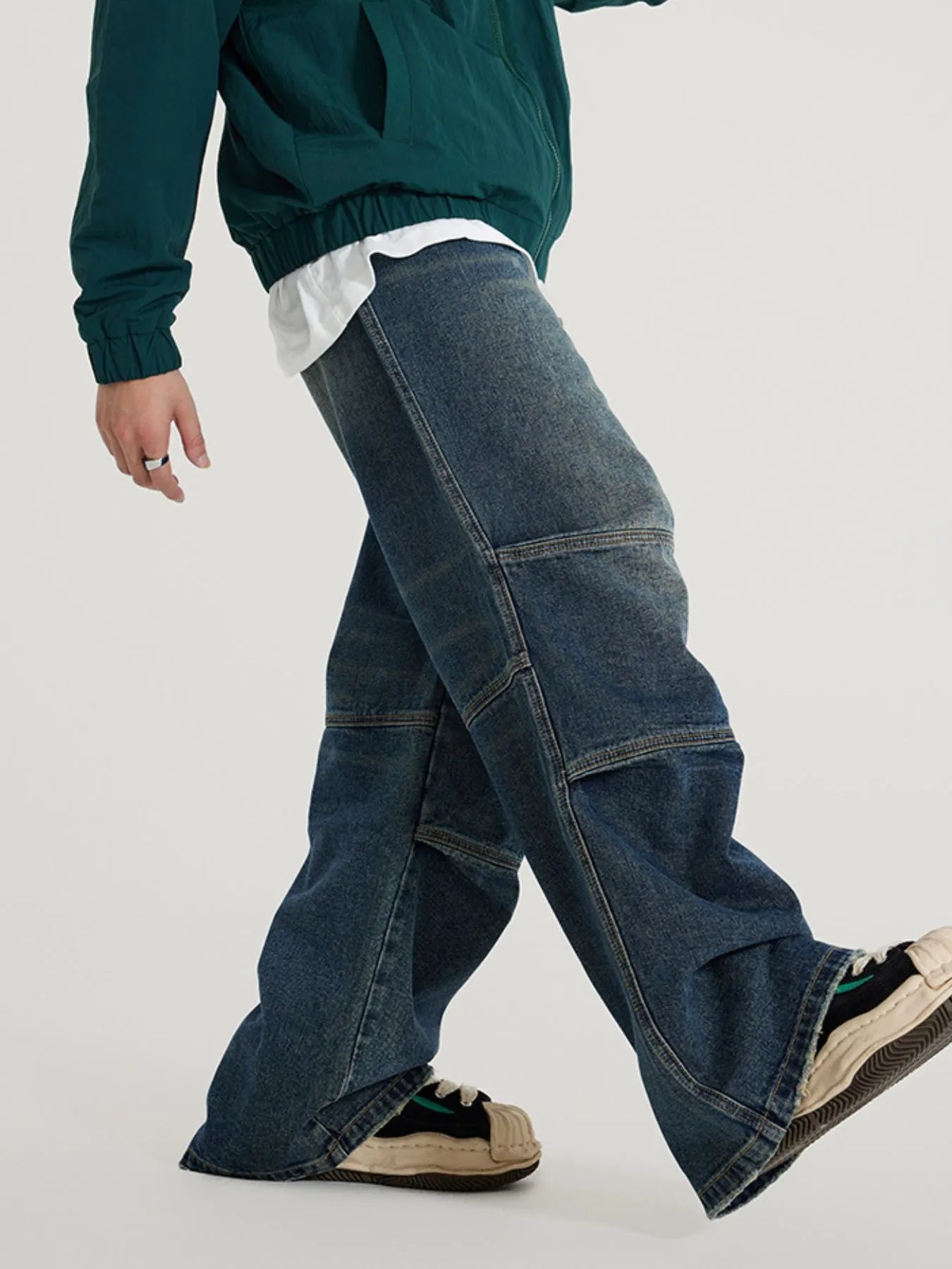 Men's Vintage Wide Leg Utility Jeans with Multi-Panel Design - Fashorio